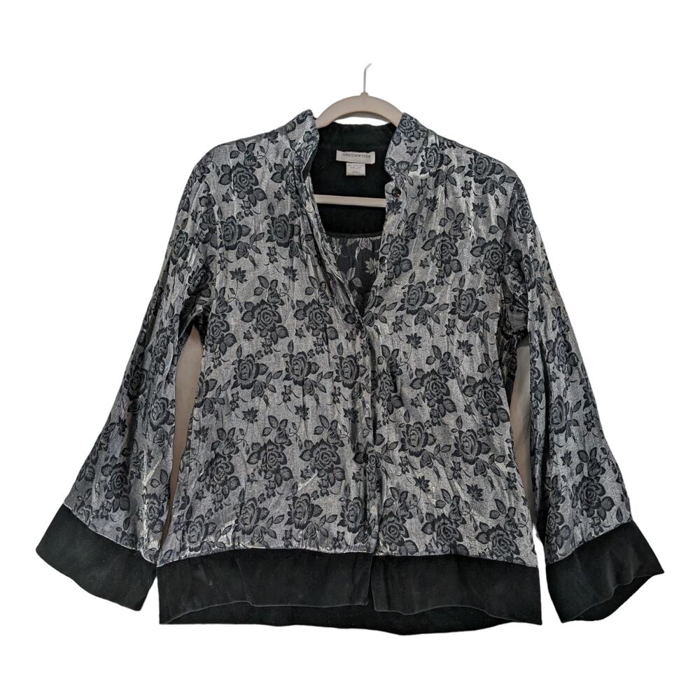 Jones New York Floral S White Black Blouse Buttonโ Up Collared Tiered Top Staple
